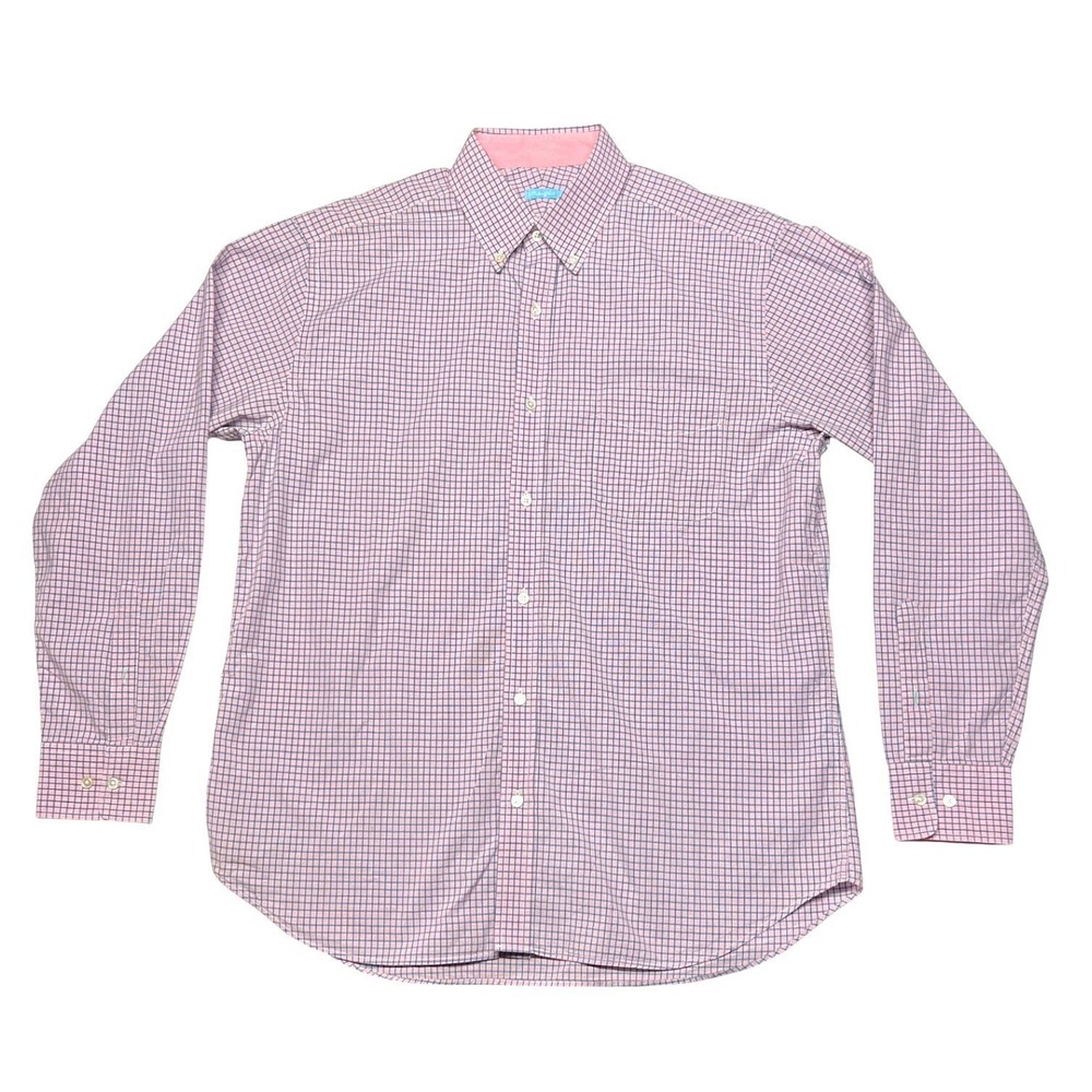 J. McLaughlin Button Down Shirt Men's Medium Pink Blue Check Cotton EUC